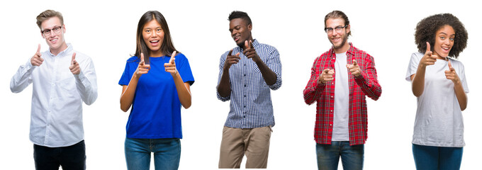 Collage of group of young asian, caucasian, african american people over isolated background pointing fingers to camera with happy and funny face. Good energy and vibes.