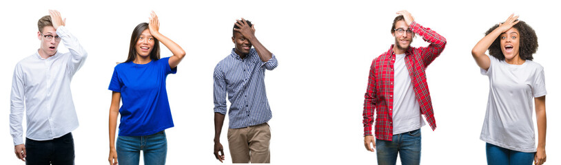 Collage of group of young asian, caucasian, african american people over isolated background...
