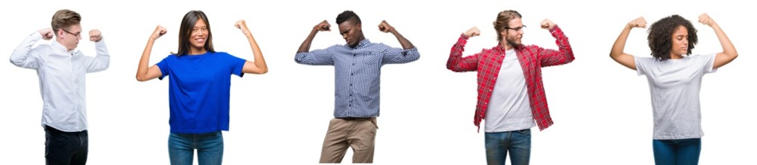 Collage of group of young asian, caucasian, african american people over isolated background showing arms muscles smiling proud. Fitness concept.