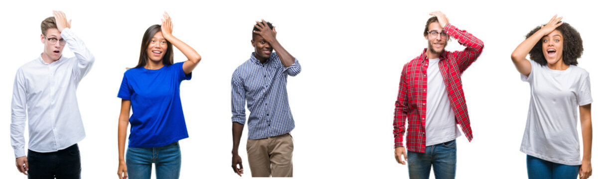 Collage of group of young asian, caucasian, african american people over isolated background surprised with hand on head for mistake, remember error. Forgot, bad memory concept.