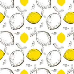 Papier peint Citrons Modèle sans couture de citron. Citrons de croquis d& 39 encre. Fond d& 39 agrumes. Éléments de menu, cartes de vœux, papier d& 39 emballage, emballages de cosmétiques, affiches, etc.