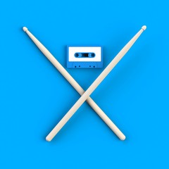 Close up of vintage audio tape cassette with drumsticks concept illustration on blue background, Top view with copy space, 3d rendering