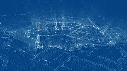 Architecture design: blueprint plan - illustration of a plan modern residential building / technology, industry, business concept illustration: real estate, building, construction, architecture