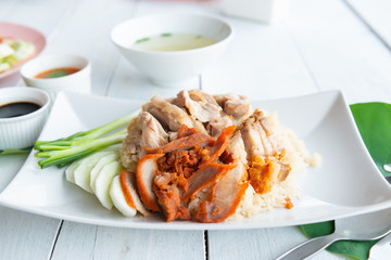 Hainanese chicken rice , gourmet steamed chicken with rice