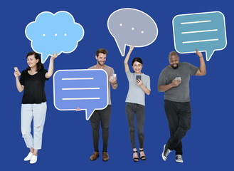 Diverse social media people holding speech bubble symbols