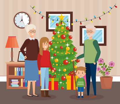 grandparents and kids with december clothes in livingroom