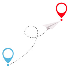 Flying origami paper plane and geolocation mark set. Dash line loop track. Placemark template. Tourist service. Holidays and vacations. On-line tracking. Flat design. White background. © worldofvector