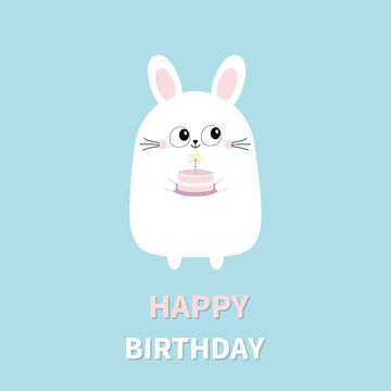 Happy Birthday. White bunny rabbit holding cake with candle. Funny head face. Big eyes. Cute kawaii cartoon character. Baby greeting card template. Blue background. Flat design.