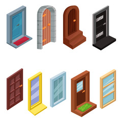 Vector set of isometric windows and entrance doors. Elements for web-site, mobile or computer game
