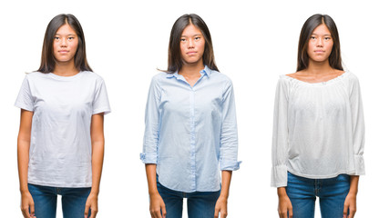 Obraz premium Collage of asian young woman standing over white isolated background with serious expression on face. Simple and natural looking at the camera.