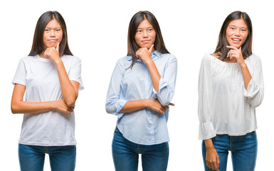 Fototapeta premium Collage of asian young woman standing over white isolated background looking confident at the camera with smile with crossed arms and hand raised on chin. Thinking positive.