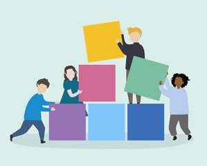Kids holding colorful blocks illustration