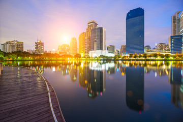Fototapeta na wymiar Bangkok city town and the water park sunrise sky