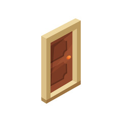 Isometric vector icon of closed entrance wooden door with golden handle. Element for mobile or computer game
