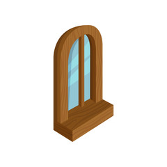 Old wooden arched window with blue glass. Modern 3D style. Isometric vector element for computer or mobile game