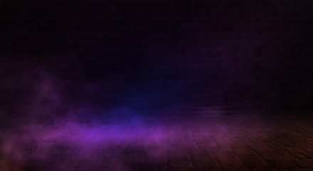 Background of empty room with spotlights and lights, abstract purple background with neon glow