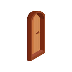 Old entrance wooden arched door. Isometric vector element for computer or mobile game