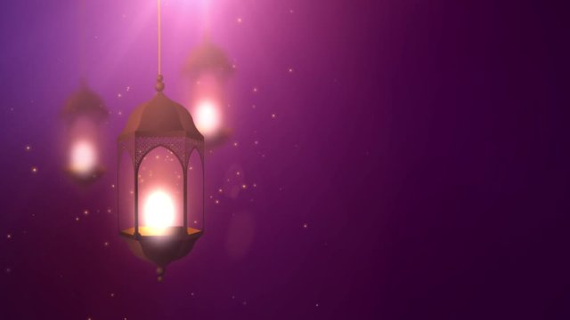 Ramadan candle lantern falling down hanging on string purple background