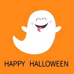 Happy Halloween. Ghost spirit showing tongue. Boo. Scary white ghosts. Cute cartoon spooky character. Smiling face, hands. Orange background Greeting card. Flat design.