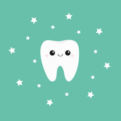 Tooth icon Smiling face. Shining effect stars. Cute cartoon character. Oral dental hygiene. Whitening. Healthy lifestyle. Children teeth care. Green background. Flat design.