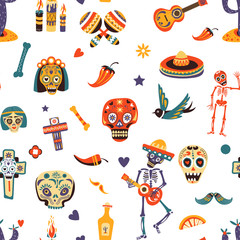 Dia de los Muertos vector greeting card for Mexican traditional holiday seamless pattern.