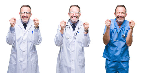 Obraz premium Collage of handsome senior hoary doctor man wearing surgeon uniform over isolated background excited for success with arms raised celebrating victory smiling. Winner concept.