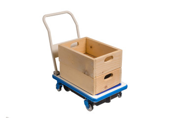empty wooden boxes in hand trolley on delivery isolated on white background