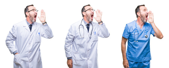 Collage of handsome senior hoary doctor man wearing surgeon uniform over isolated background shouting and screaming loud to side with hand on mouth. Communication concept.