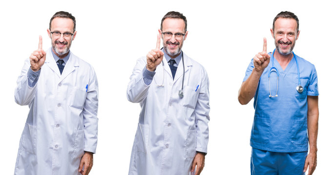 Collage of handsome senior hoary doctor man wearing surgeon uniform over isolated background showing and pointing up with finger number one while smiling confident and happy.