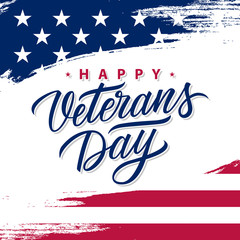 USA Veterans Day greeting card with brush stroke background in United States national flag colors and hand lettering text Happy Veterans Day. Vector illustration.