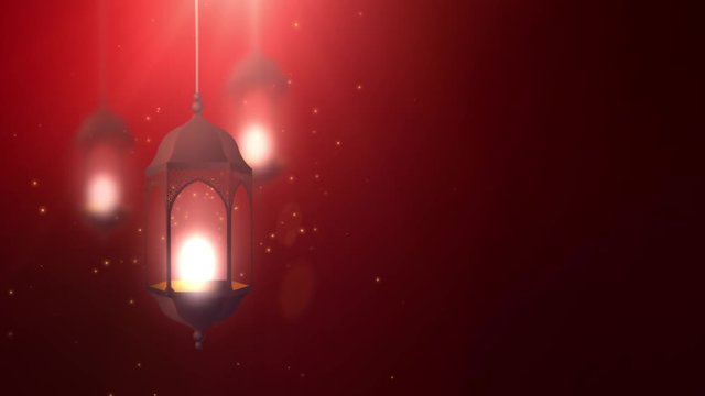 Ramadan candle lantern falling down hanging on string red background