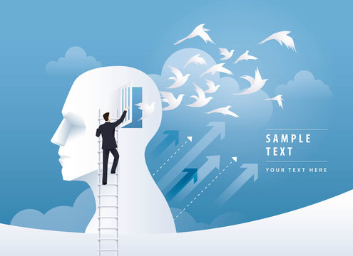 Businessman Climbing Ladder to open the door, Human head with birds flying from head