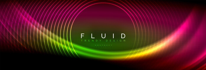 Neon glowing fluid wave lines, magic energy space light concept, abstract background wallpaper design