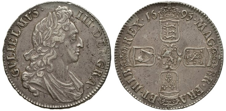 Great Britain British silver coin 1 one crown 1695, bust of King William III right, cross-like pattern formed of four crowned shields with lions, French lily and Irish harp, 