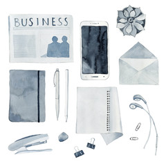 Watercolor Illustration of Flat Lay Office Subjects - 227229897