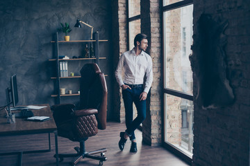 Full legs body size portrait of lifestyle minded thoughtful well