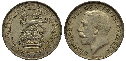 Great Britain British silver coin 6 six pence 1922, lion on crown, date below, King George V head right, 