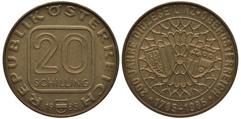 Austria Austrian coin 20 twenty shillings 1985, subject 200th Anniversary of Diocese Linz, value within box, shield below divides date, two shields on decorative old windows background, two dates belo