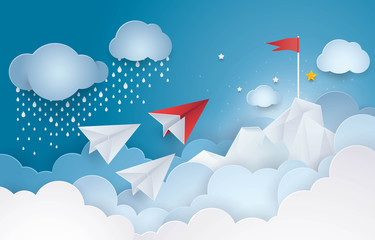 Paper Plane flying to the Red Flag top of a mountain in sky cloud, Business idea start up concept