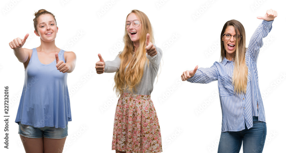 Sticker Collage of group of blonde women over isolated background approving doing positive gesture with hand, thumbs up smiling and happy for success. Looking at the camera, winner gesture.