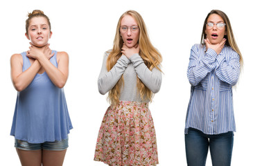 Fototapeta premium Collage of group of blonde women over isolated background shouting and suffocate because painful strangle. Health problem. Asphyxiate and suicide concept.