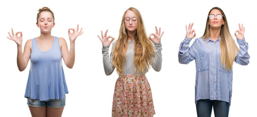 Collage of group of blonde women over isolated background relax and smiling with eyes closed doing meditation gesture with fingers. Yoga concept.