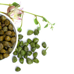 Capers. Pickled capers, raw bud and  caper plant on white background, top view