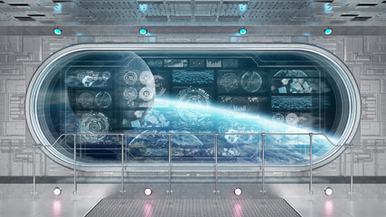 White spaceship interior with control panel digital screens 3D rendering © sdecoret