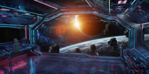 Grunge Spaceship interior with view on planet Earth 3D rendering
