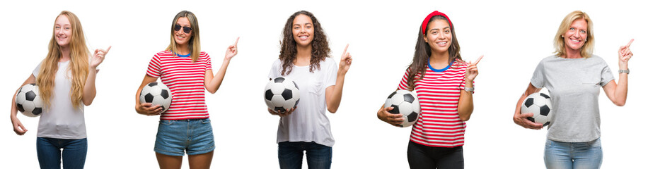 Collage of group of young and senior women holding soccer ball over isolated background very happy pointing with hand and finger to the side