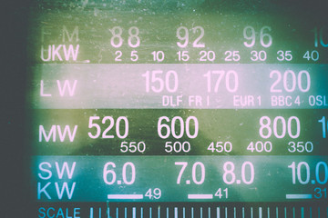 Radio scale, frequency, frequency range, tuner, spoiled film, vintage filter abstract texture background. Medium waves, long waves, short waves, portable radio, radio transmitter, FM.