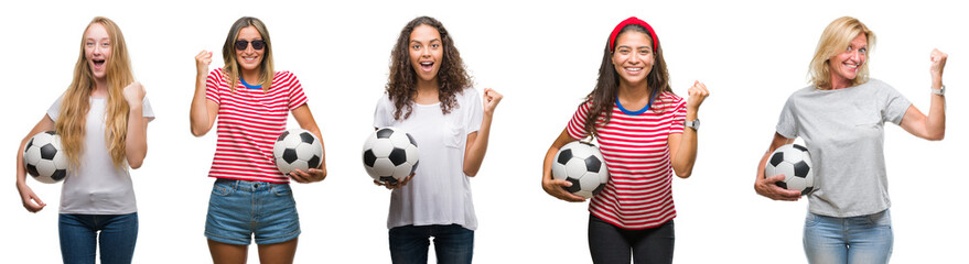 Collage of group of young and senior women holding soccer ball over isolated background screaming...