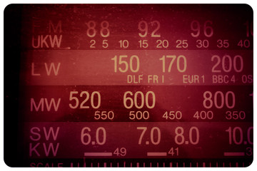 Radio scale, frequency, frequency range, tuner, spoiled film, vintage filter abstract texture background. Medium waves, long waves, short waves, portable radio, radio transmitter, FM.