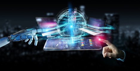 Modern devices connected in robot hand 3D rendering